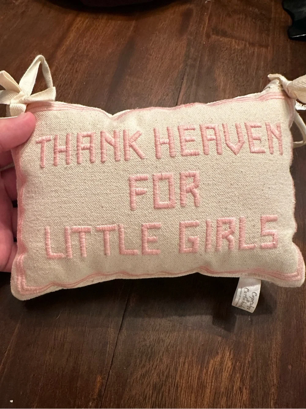 Embroidered Cream Kids Pillow with Pink Lettering - Decorative Accent